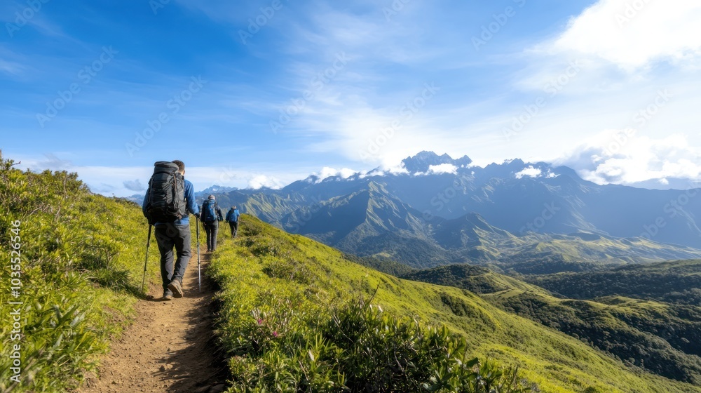 Hikers trek along a scenic mountain trail, surrounded by lush greenery and distant snow-capped peaks under a clear blue sky. Hikers trek along a scenic mountain trail, surrounded by lush greenery and distant snow-capped peaks under a clear blue sky.