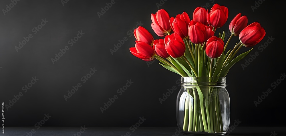 Fototapeta premium A stunning arrangement of red tulips in a clear jar against a solid black background, providing copy space
