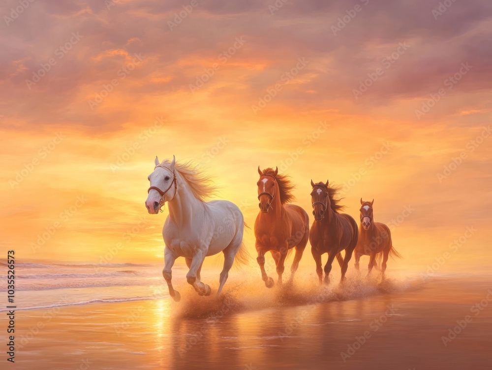 Majestic horses gallop along a serene beach at sunset, creating a stunning view with the sky painted in vibrant colors. Majestic horses gallop along a serene beach at sunset, creating a stunning view with the sky painted in vibrant colors.