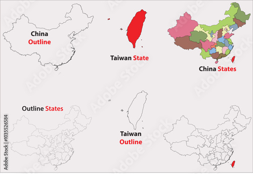 Taiwan map vector of China, Taiwan line map, Taiwan with city map, Taiwan outline map