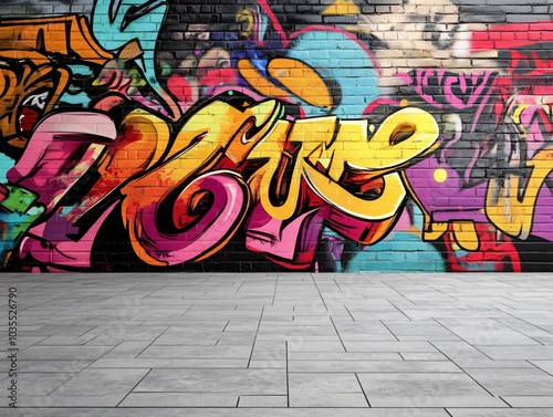 The graffiti on the wall is colorful and vibrant, with a mix of pink, yellow