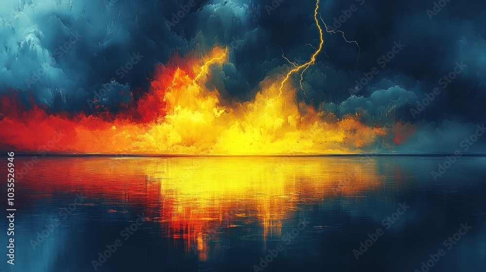 Naklejka premium Lightning Strikes Over a Stormy Reflected Landscape