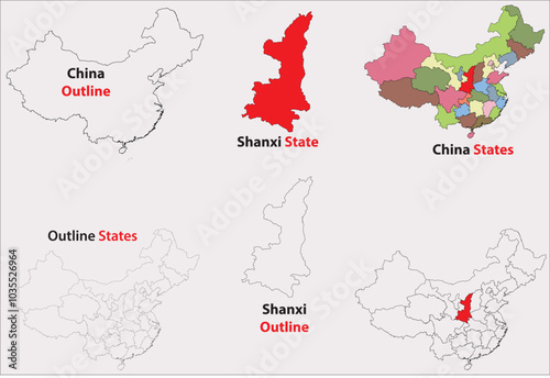 Shanxi map vector of China, Shanxi line map, Shanxi with city map, Shanxi outline map