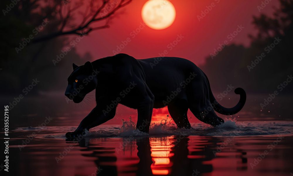 Jaguar walks on water against red sunset Jaguar walks on water against red sunset