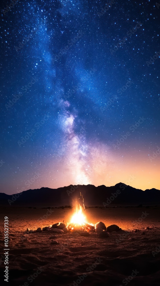 A stunning night sky filled with stars overlooking a campfire, creating a serene atmosphere in a remote landscape.