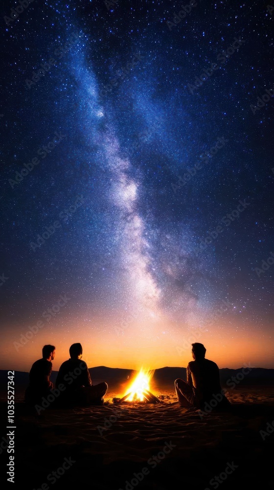 A serene night scene showing silhouettes of people around a campfire, with the Milky Way brightly illuminating the star-filled sky.