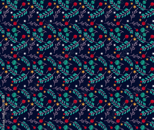 Winter Seamless Vector Floral Pattern with Green Branches, Leaves and Stars on a dark Blue Background.	