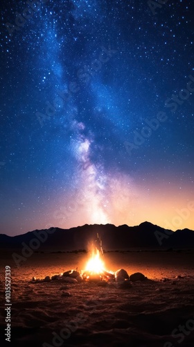 Obraz na płótnie A stunning night sky filled with stars overlooking a campfire, creating a serene atmosphere in a remote landscape. w salonie