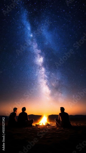 Obraz na płótnie A serene night scene showing silhouettes of people around a campfire, with the Milky Way brightly illuminating the star-filled sky. w salonie