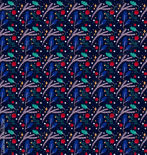 Winter Seamless Vector Floral Pattern with Green Branches and Leaves on a dark Blue Background.	