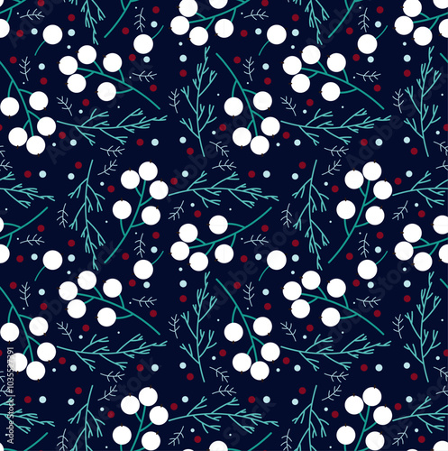 Winter Seamless Vector Floral Pattern with Green Branches and Leaves  on a dark Blue Background.