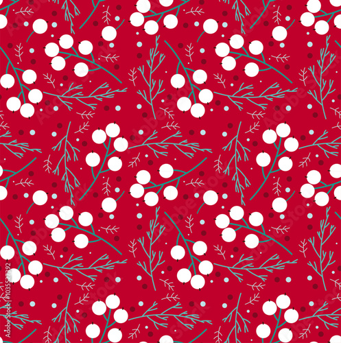 Winter Seamless Vector Floral Pattern with Green Branches, Leaves and and White berries on a Red Background.	
