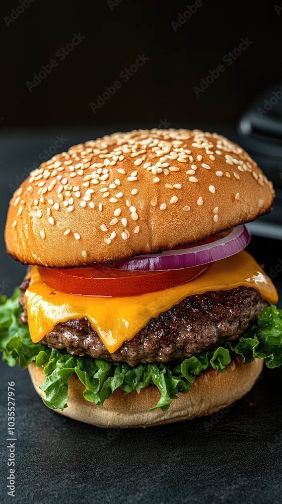 A mouthwatering American-style hamburger with cheese, lettuce, and tomato rests on a wooden surface, showcasing its vibrant ingredients. A mouthwatering American-style hamburger with cheese, lettuce, and tomato rests on a wooden surface, showcasing its vibrant ingredients.
