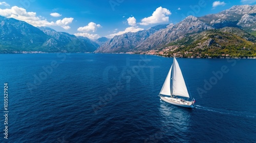 A serene sailing scene featuring a yacht gliding through calm blue waters, surrounded by majestic mountains and a clear sky.