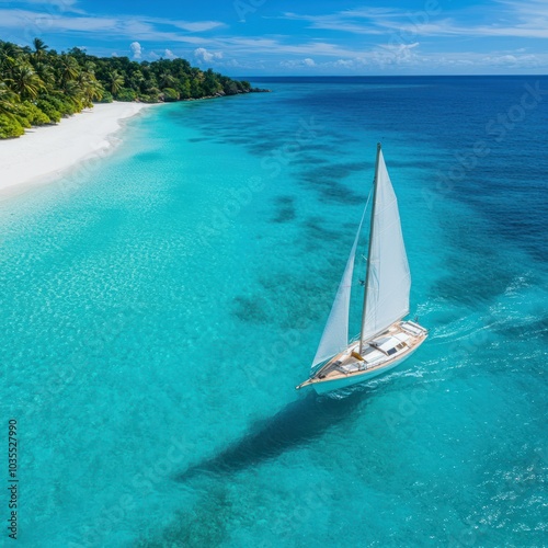 A serene tropical scene featuring a sailboat gliding over crystal-clear waters, with a beautiful sandy beach and lush greenery in the background.
