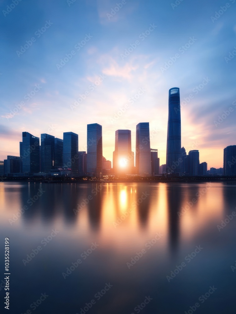 Fototapeta premium A stunning city skyline at sunset, reflecting in calm waters, with modern skyscrapers silhouetted against a vibrant sky.