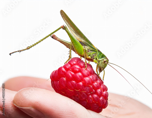 grasshoppe and raspberry in hand photo