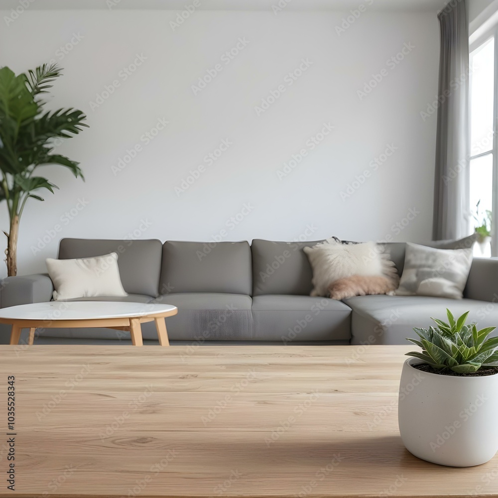 A wooden table in the foreground with a potted plant , with a living room in the background featuring a gray sofa and a large window. A wooden table in the foreground with a potted plant , with a living room in the background featuring a gray sofa and a large window.