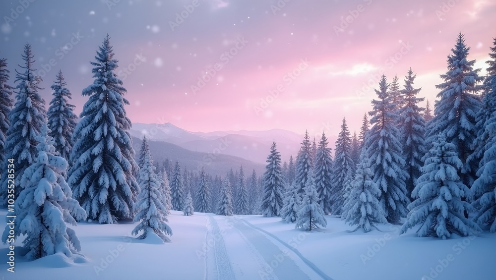 Tranquil snow covered pine forest at dusk with falling snowflakes and pastel sky Tranquil snow covered pine forest at dusk with falling snowflakes and pastel sky