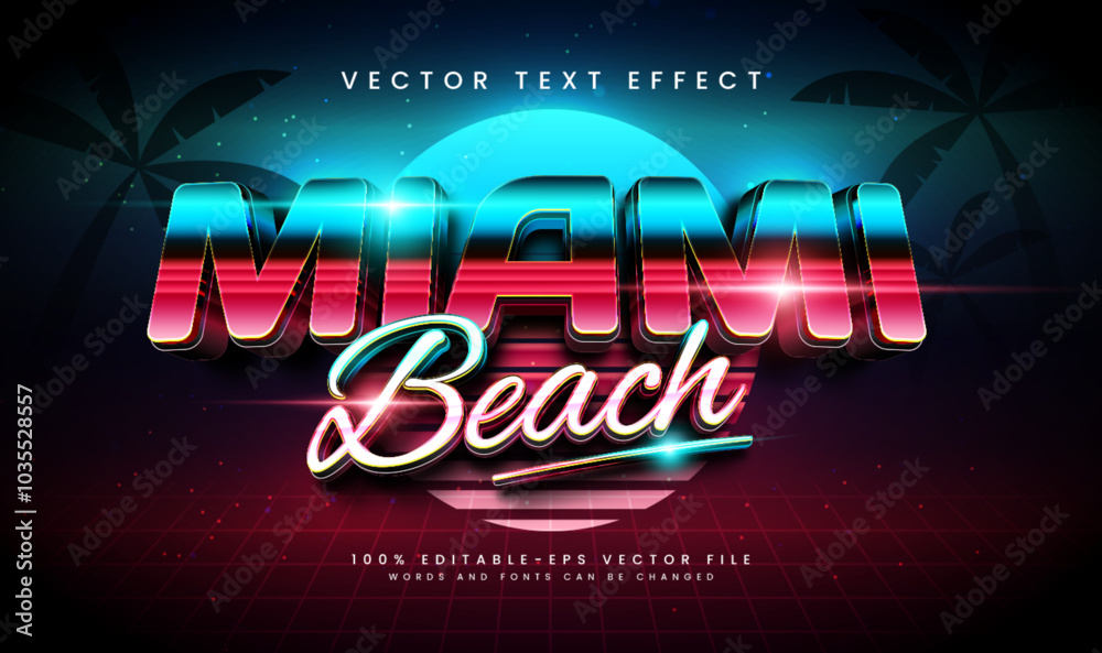 Obraz premium Elegant miami beach editable vector text effect. Suitable for night technology event.