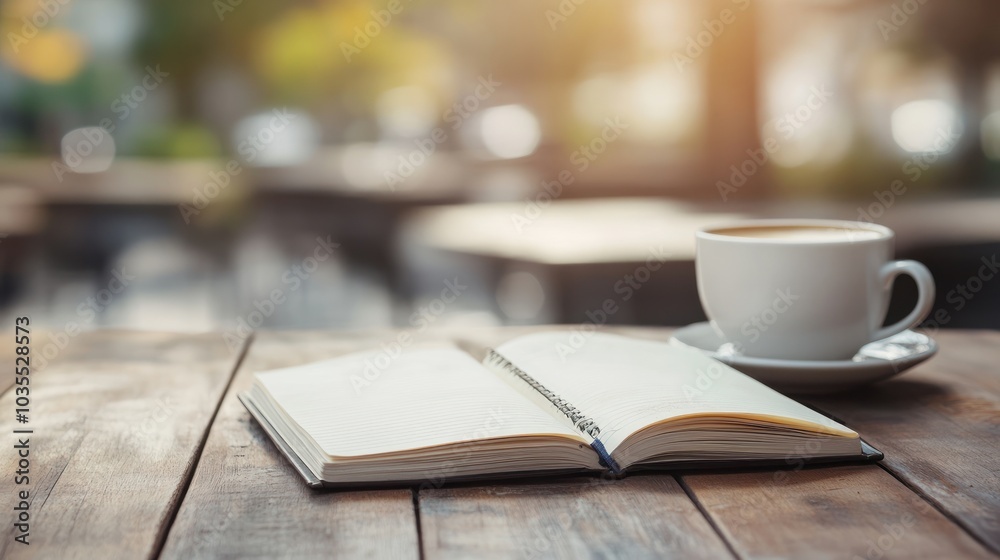 A serene scene featuring an open book and a cup of coffee on a wooden table, illuminated by warm sunlight in a cozy outdoor setting. A serene scene featuring an open book and a cup of coffee on a wooden table, illuminated by warm sunlight in a cozy outdoor setting.