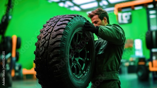 Mechanic hands carefully holding a brand-new racing tire in the service bay, surrounded by a vivid green background, performing tire swap for winter and summer. photo