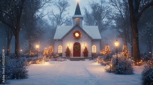 Winter Wonderland Chapel with Festive Lights and Snow