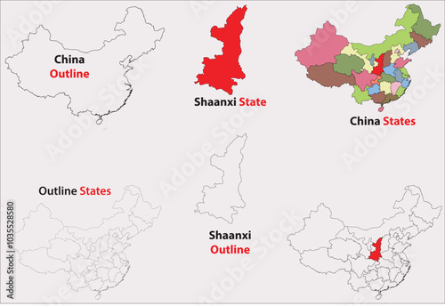 Shaanxi map vector of China, Shaanxi line map, Shaanxi with city map, Shaanxi outline map