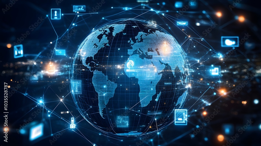 Tech devices and icons connected to digital planet earth. Tech devices and icons connected to digital planet earth.