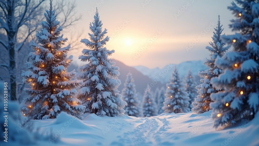 Naklejka premium Tranquil winter scene with snow covered trees distant mountains and golden Christmas lights