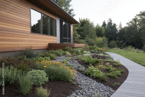 Tranquil House Garden with Pathway and Natural Elements