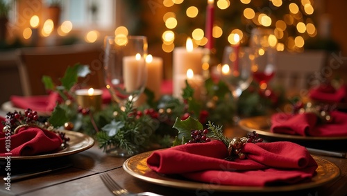 Festive Christmas table with red napkins holly pine branches candles and golden fairy lights