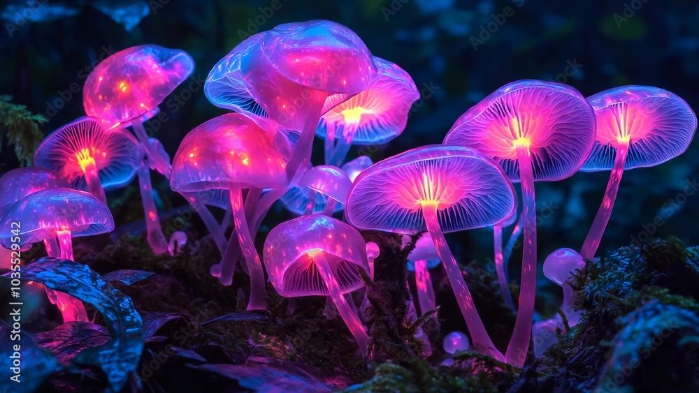 A group of glowing purple mushrooms are lit up in the dark A group of glowing purple mushrooms are lit up in the dark