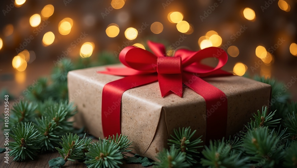 Festive gift box with red ribbon on pine branches with twinkling lights Festive gift box with red ribbon on pine branches with twinkling lights