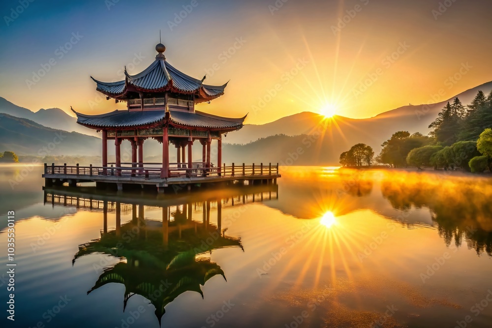 Serene Chinese Pavilion Reflection at Golden Hour by Foggy Mountain Lake Serene Chinese Pavilion Reflection at Golden Hour by Foggy Mountain Lake