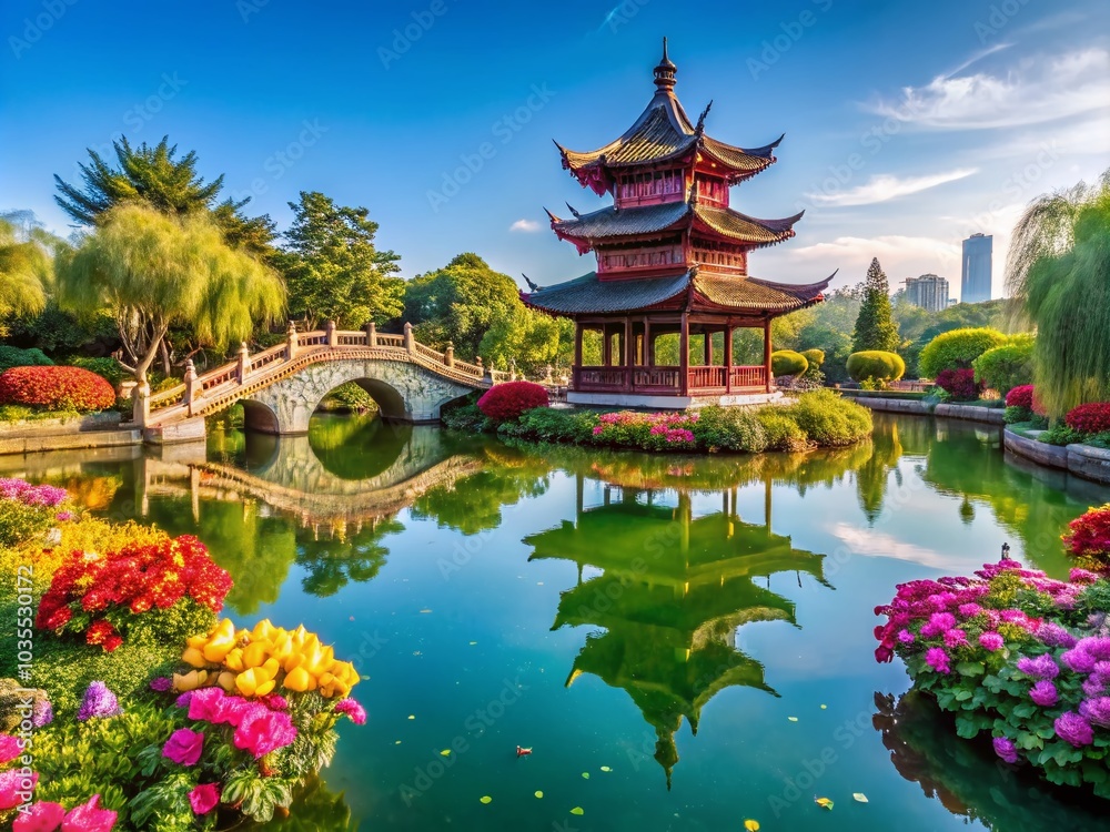 Serene Chinese Garden with Tranquil Lake - Architectural Photography Serene Chinese Garden with Tranquil Lake - Architectural Photography