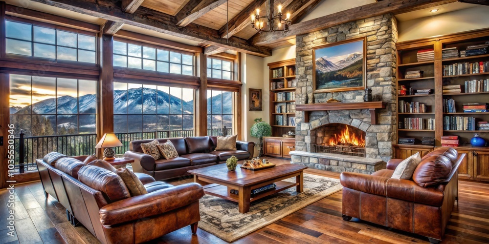 A Cozy Cabin Interior with a Stone Fireplace and Stunning Mountain Views Through Large Windows A Cozy Cabin Interior with a Stone Fireplace and Stunning Mountain Views Through Large Windows