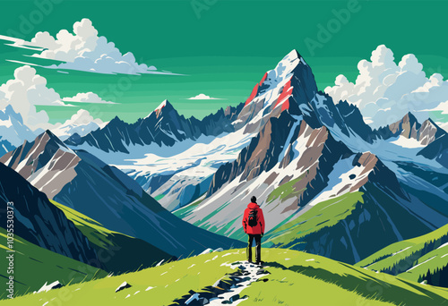 Hiker Admiring Majestic Snow-Capped Mountain Peaks