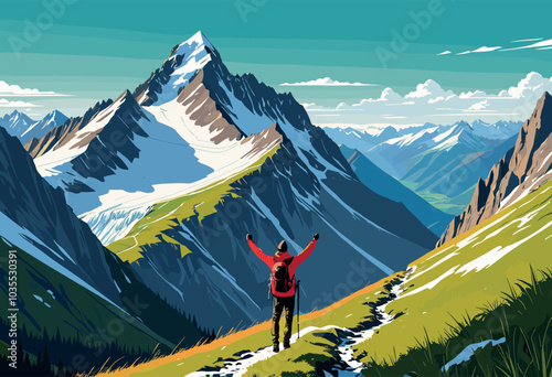 Hiker Admiring Majestic Snow-Capped Mountain Peaks