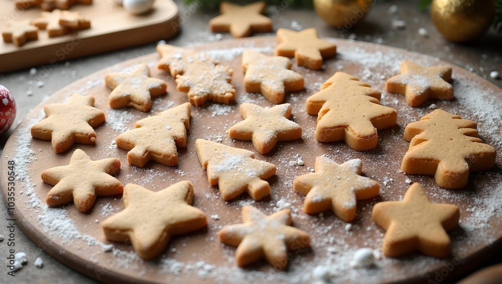 Festive Christmas cookies on wooden board with flour Festive Christmas cookies on wooden board with flour