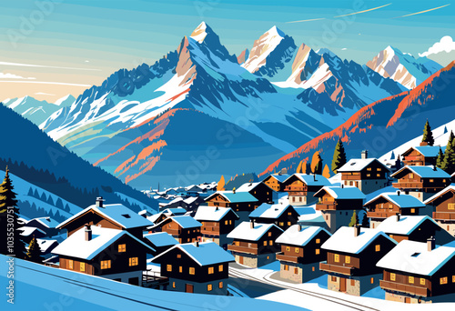 Snowy Alpine Village with Mountain Peaks at Sunrise