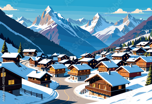 Snowy Alpine Village with Mountain Peaks at Sunrise
