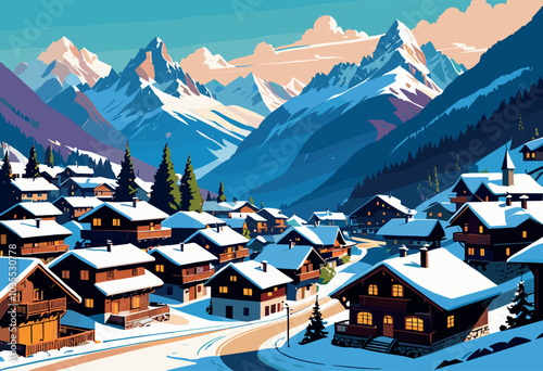 Snowy Alpine Village with Mountain Peaks at Sunrise
