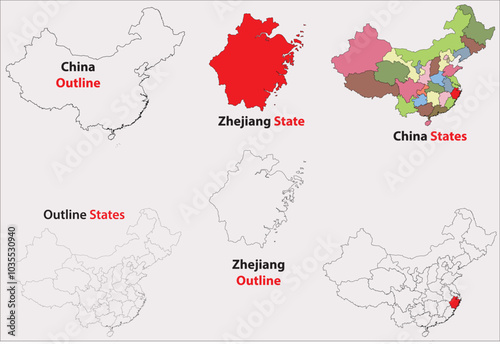Zhejiang map vector of China, Zhejiang line map, Zhejiang with city map, Zhejiang outline map