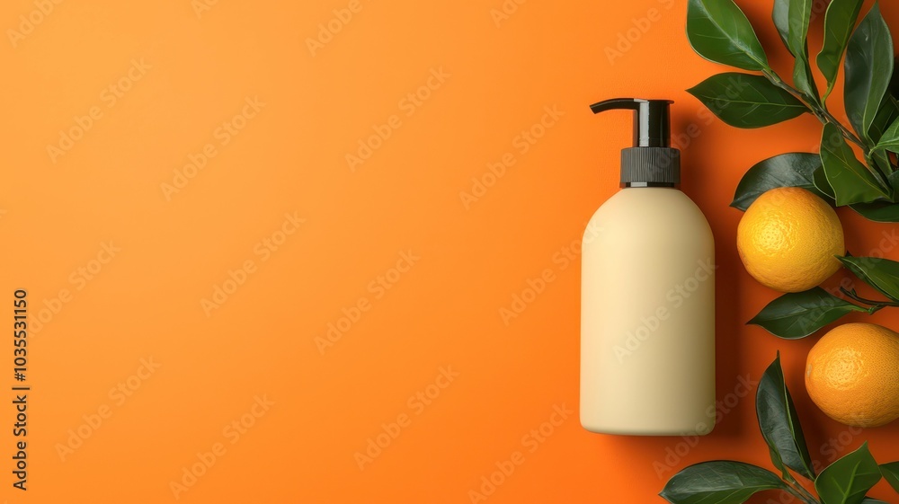 Natural skincare bottle with oranges and green leaves on orange background. Natural skincare bottle with oranges and green leaves on orange background.