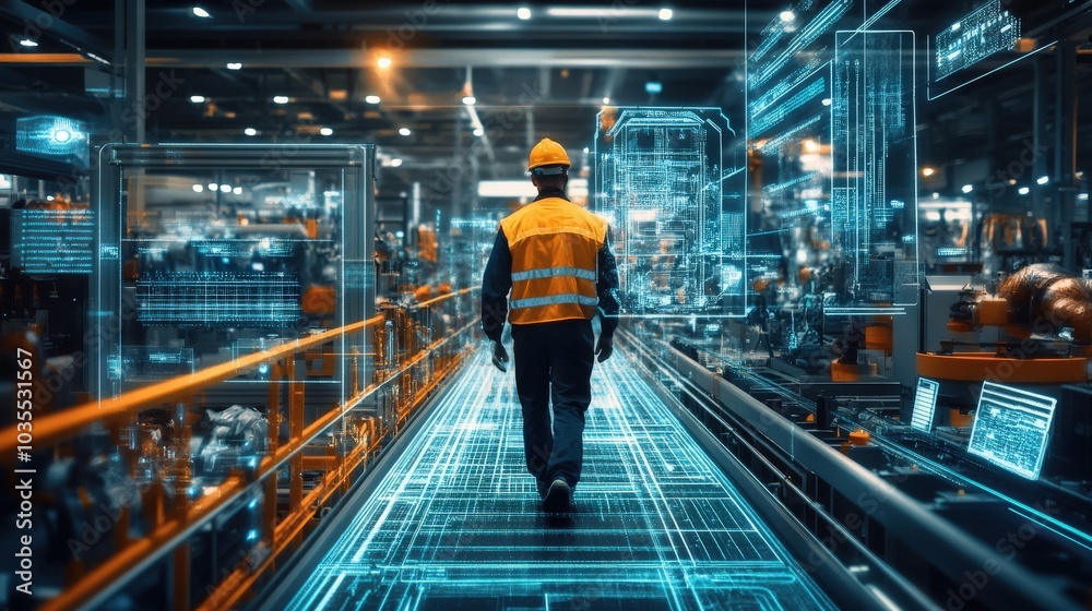 Factory Worker Walking Through High-Tech Production Facility with Advanced Machinery Factory Worker Walking Through High-Tech Production Facility with Advanced Machinery