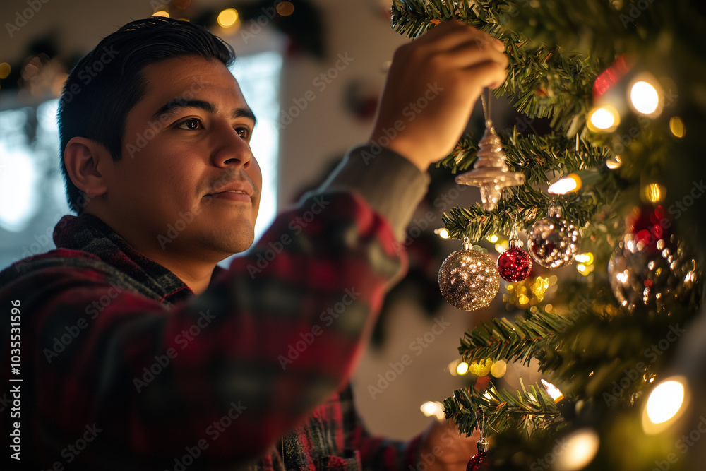 Young man decorating Christmas tree indoors. Young man decorating Christmas tree indoors.
