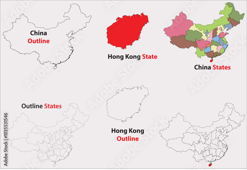 Hong Kong map vector of China, Hong Kong line map, Hong Kong with city map, Hong Kong outline map