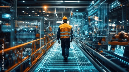 Factory Worker Walking Through High-Tech Production Facility with Advanced Machinery