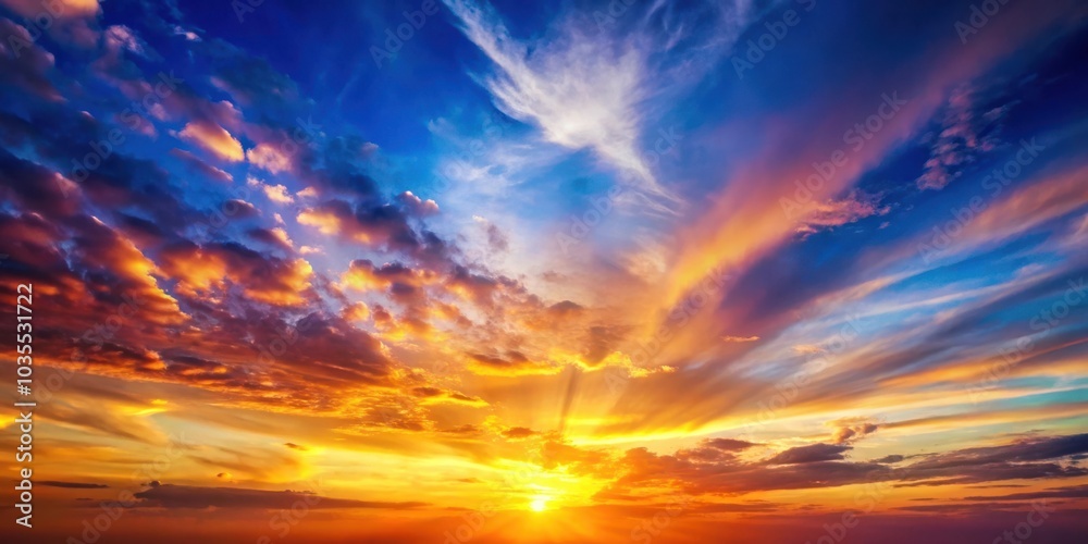 A vibrant and dramatic sunset sky with clouds illuminated by the golden rays of the sun A vibrant and dramatic sunset sky with clouds illuminated by the golden rays of the sun